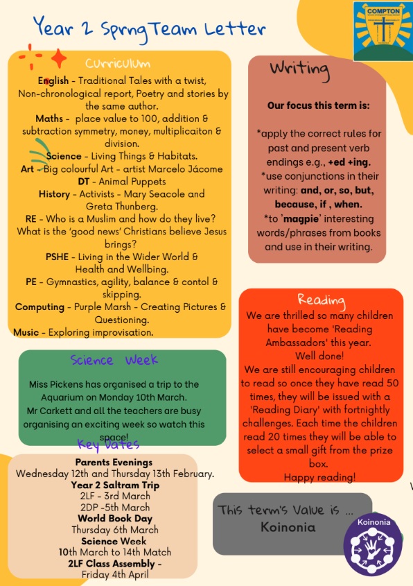 An image of the team letter for this term, with dates and information about children's learning for the Spring.