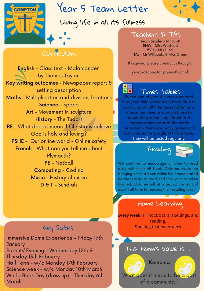 An image of the team letter for this term, with dates and information about children's learning for the Spring.