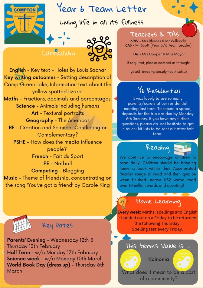 An image of the team letter for this term, with dates and information about children's learning for the Spring.