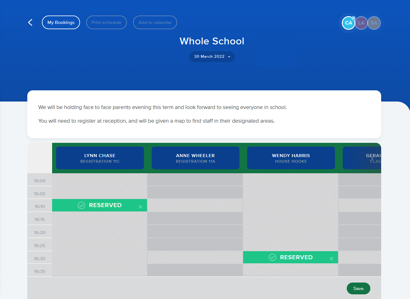 A priture of the booking system which will show booked and available slots.